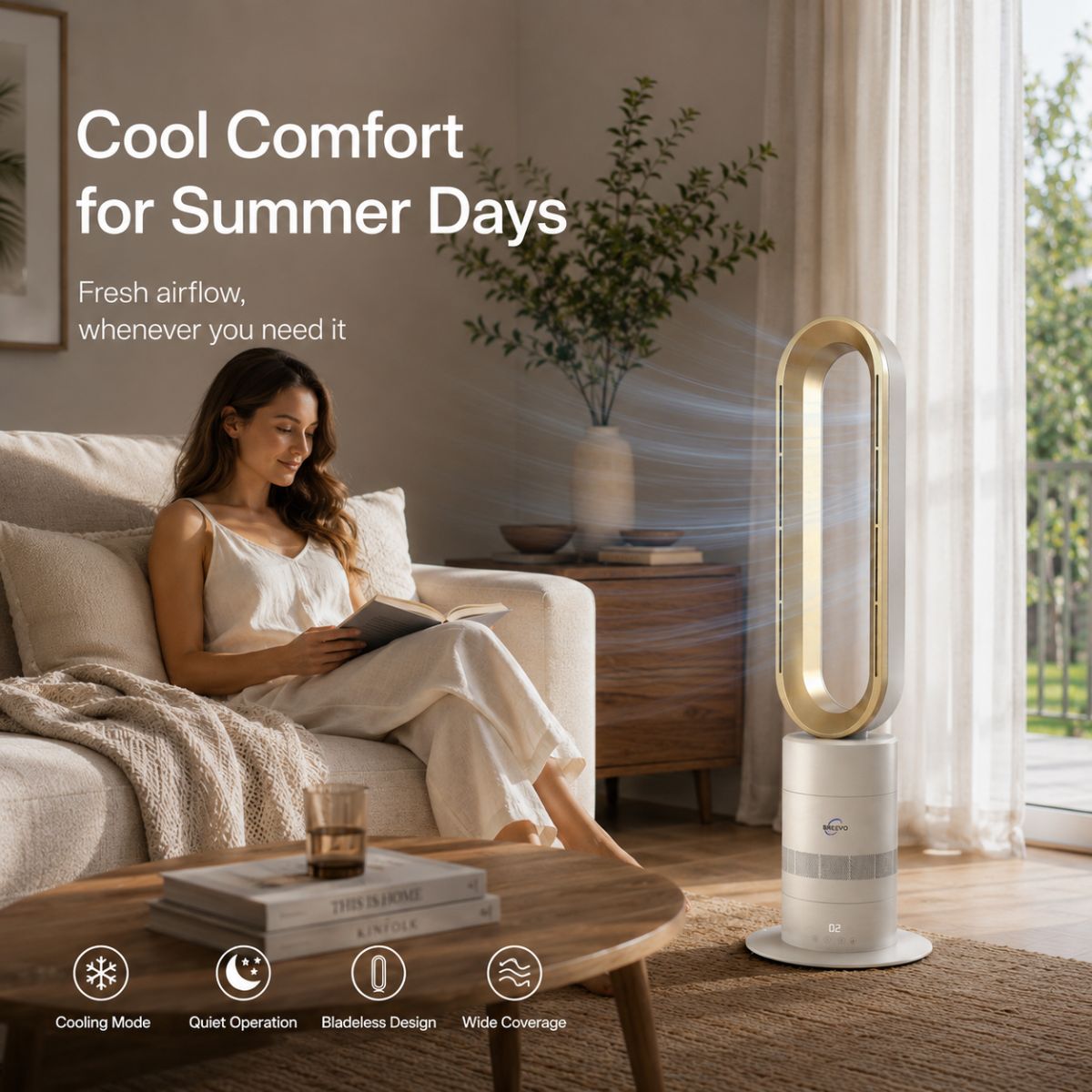 Breevo ClimateMaster Gold bladeless tower fan heater with thermostat — cool comfort for summer days with bladeless tower fan