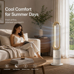 Breevo ClimateMaster Gold bladeless tower fan heater with thermostat — cool comfort for summer days with bladeless tower fan