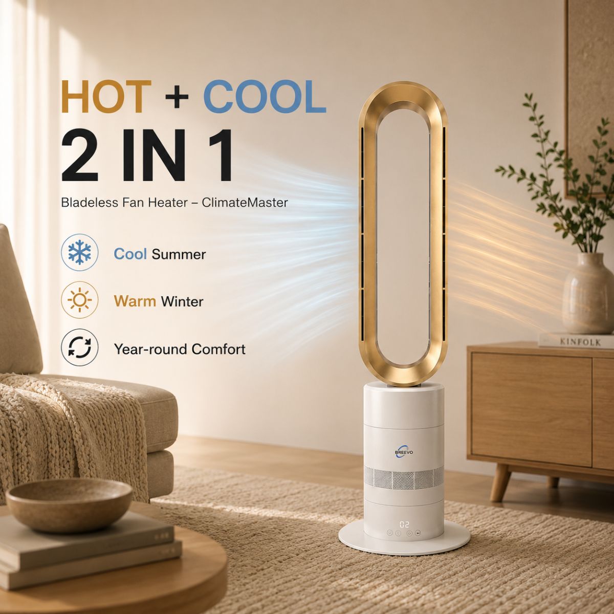 Breevo ClimateMaster Gold bladeless tower fan heater with thermostat — hot and cool 2-in-1 bladeless fan heater feature graphic