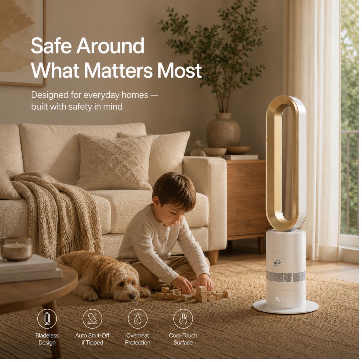 Breevo ClimateMaster Gold bladeless tower fan heater with thermostat — safe bladeless design with child and pet in the living room