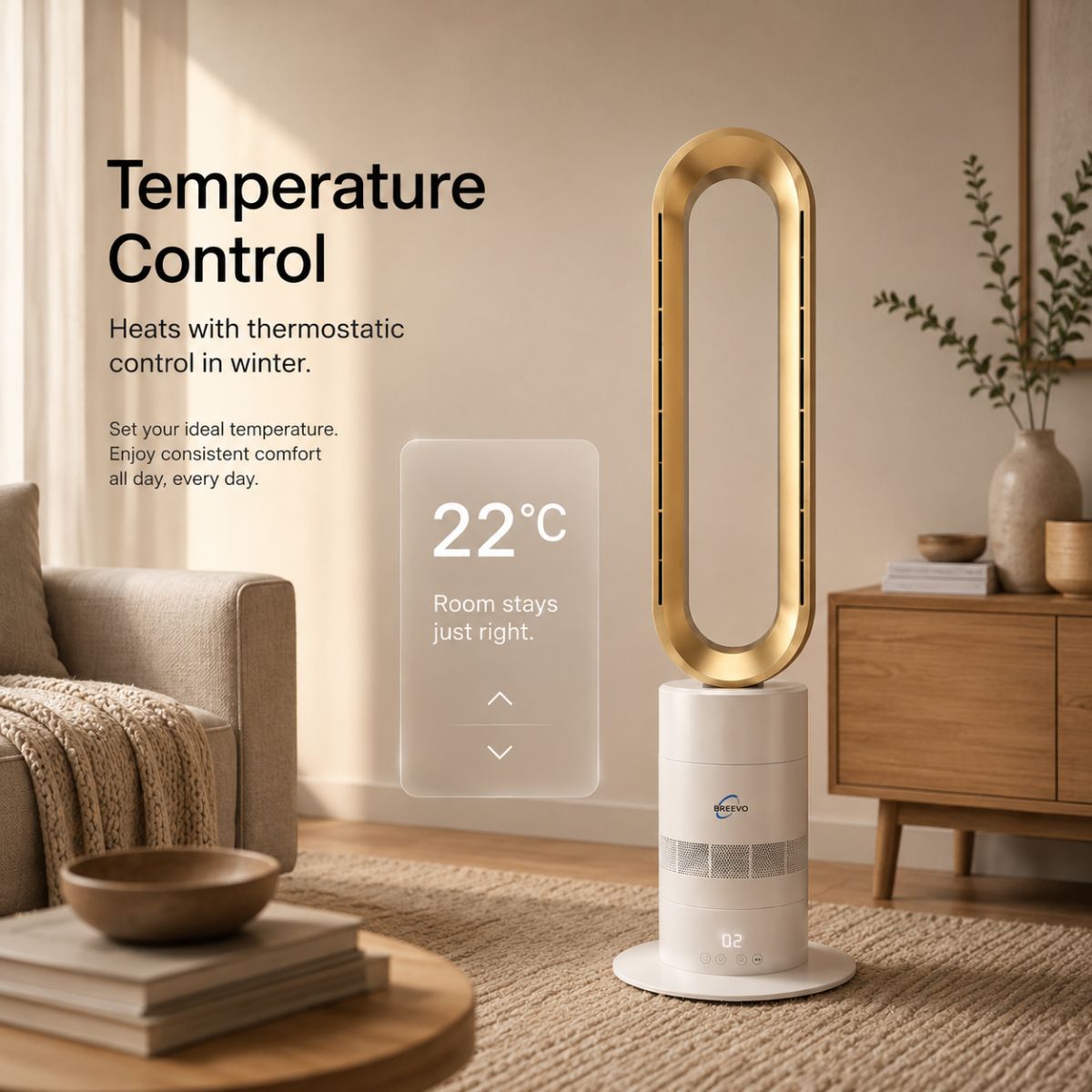 Breevo ClimateMaster Gold bladeless tower fan heater with thermostat — thermostat temperature control feature showing 22 °C target