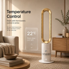 Breevo ClimateMaster Gold bladeless tower fan heater with thermostat — thermostat temperature control feature showing 22 °C target
