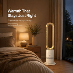 Breevo ClimateMaster Gold bladeless tower fan heater with thermostat — bedroom warmth that stays just right with thermostat control