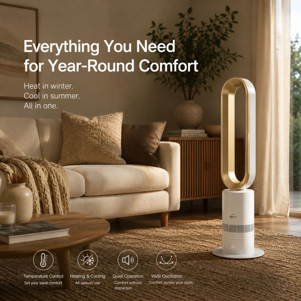 Breevo ClimateMaster Gold bladeless tower fan heater with thermostat — everything you need for year-round heating and cooling comfort