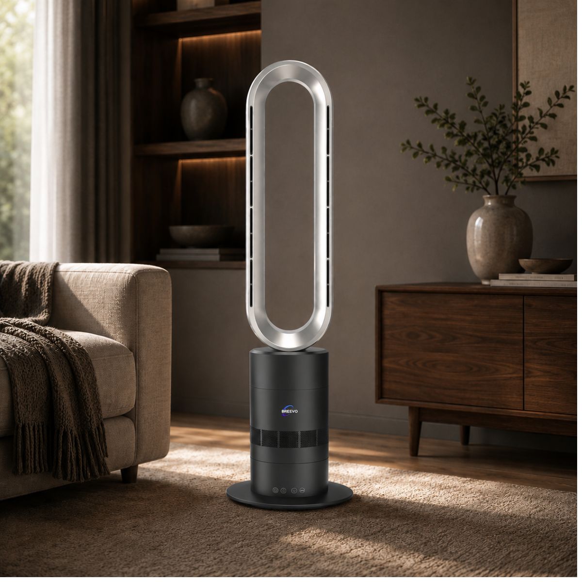 Breevo ClimateMaster Black bladeless tower fan heater with thermostat — lifestyle hero in a modern NZ living room