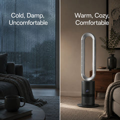 Breevo ClimateMaster Black bladeless tower fan heater with thermostat — cold and damp versus warm and cosy room comparison