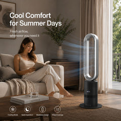 Breevo ClimateMaster Black bladeless tower fan heater with thermostat — cool comfort for summer days with bladeless tower fan
