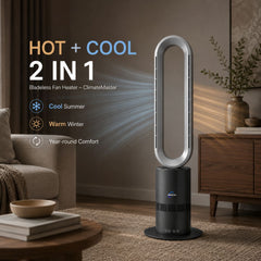 Breevo ClimateMaster Black bladeless tower fan heater with thermostat — hot and cool 2-in-1 bladeless fan heater feature graphic