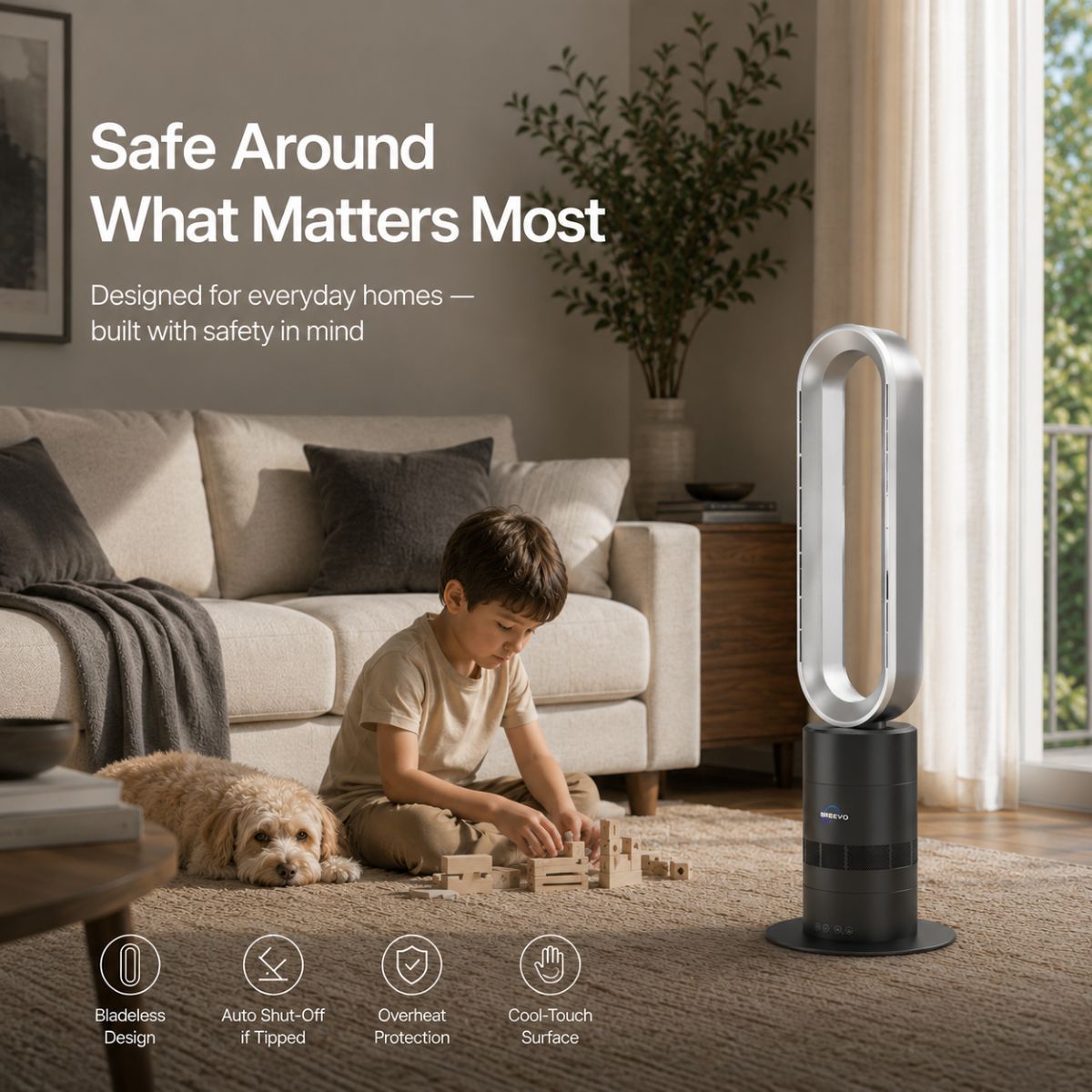 Breevo ClimateMaster Black bladeless tower fan heater with thermostat — safe bladeless design with child and pet in the living room