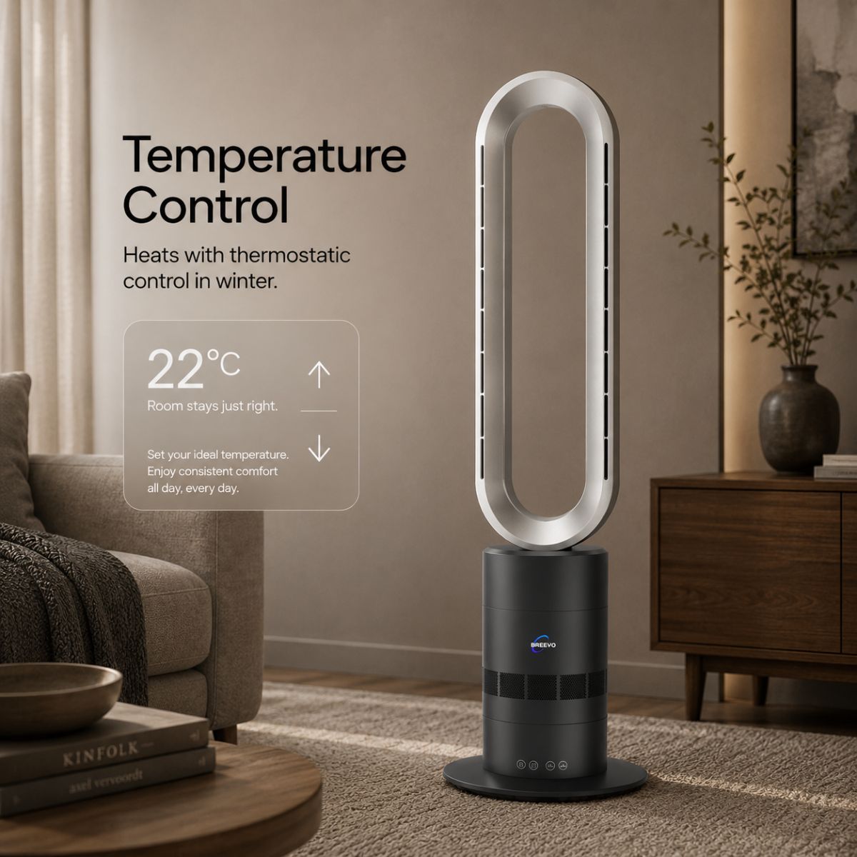 Breevo ClimateMaster Black bladeless tower fan heater with thermostat — thermostat temperature control feature showing 22 °C target