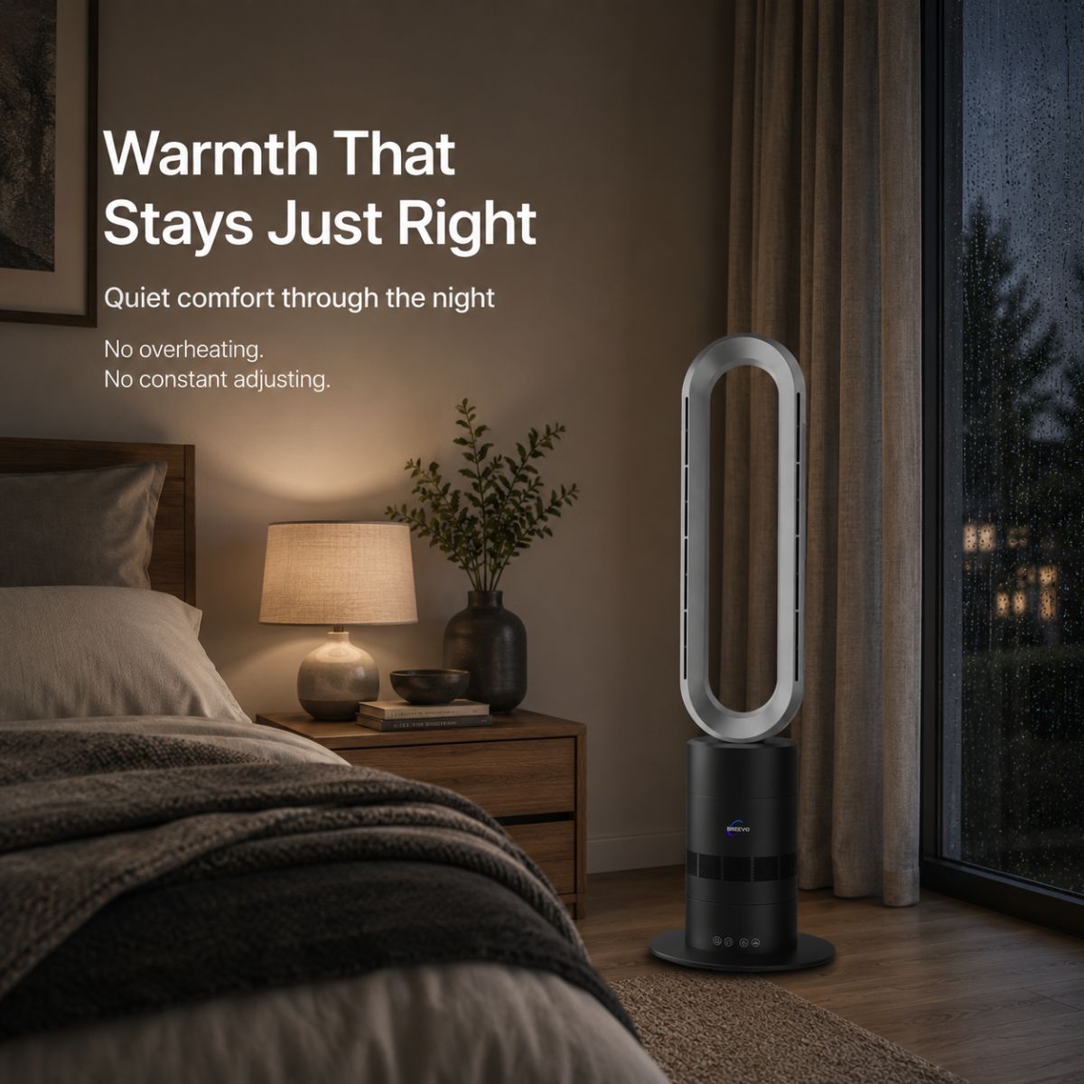 Breevo ClimateMaster Black bladeless tower fan heater with thermostat — bedroom warmth that stays just right with thermostat control