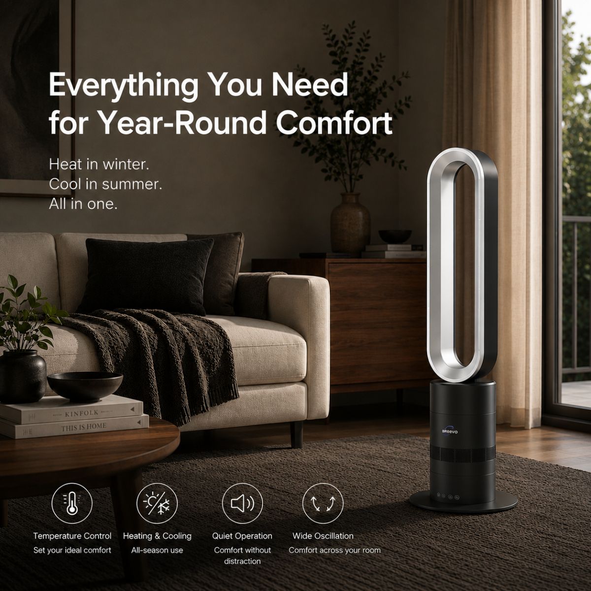 Breevo ClimateMaster Black bladeless tower fan heater with thermostat — everything you need for year-round heating and cooling comfort