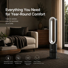 Breevo ClimateMaster Black bladeless tower fan heater with thermostat — everything you need for year-round heating and cooling comfort