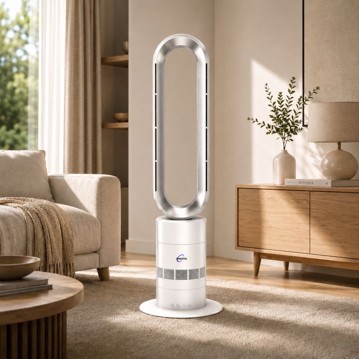 Breevo ClimateMaster White bladeless tower fan heater with thermostat — lifestyle hero in a modern NZ living room