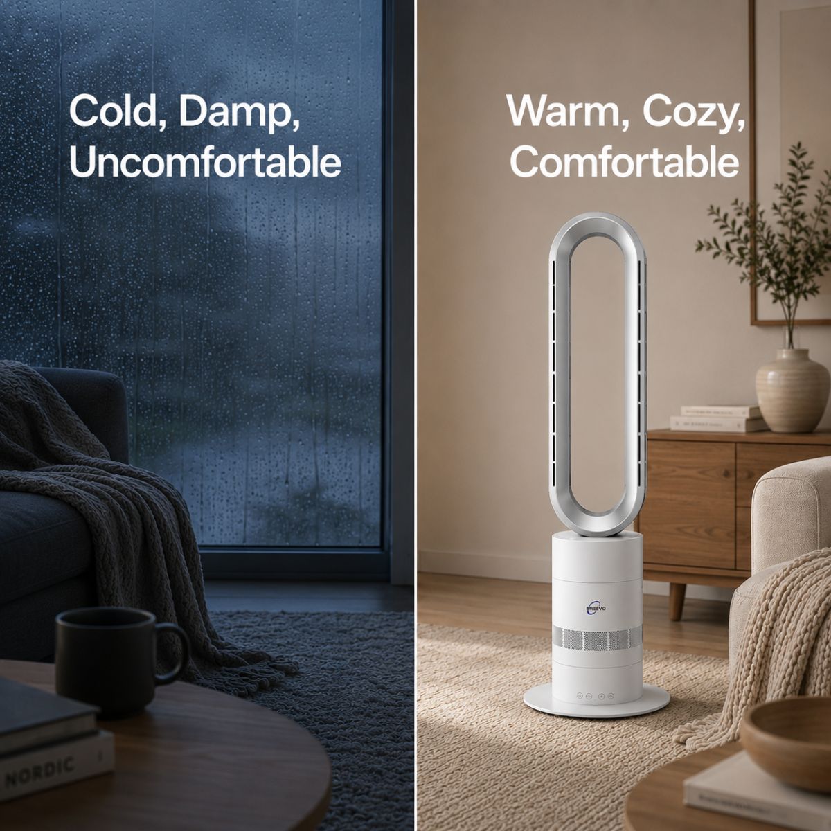 Breevo ClimateMaster White bladeless tower fan heater with thermostat — cold and damp versus warm and cosy room comparison