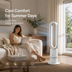 Breevo ClimateMaster White bladeless tower fan heater with thermostat — cool comfort for summer days with bladeless tower fan