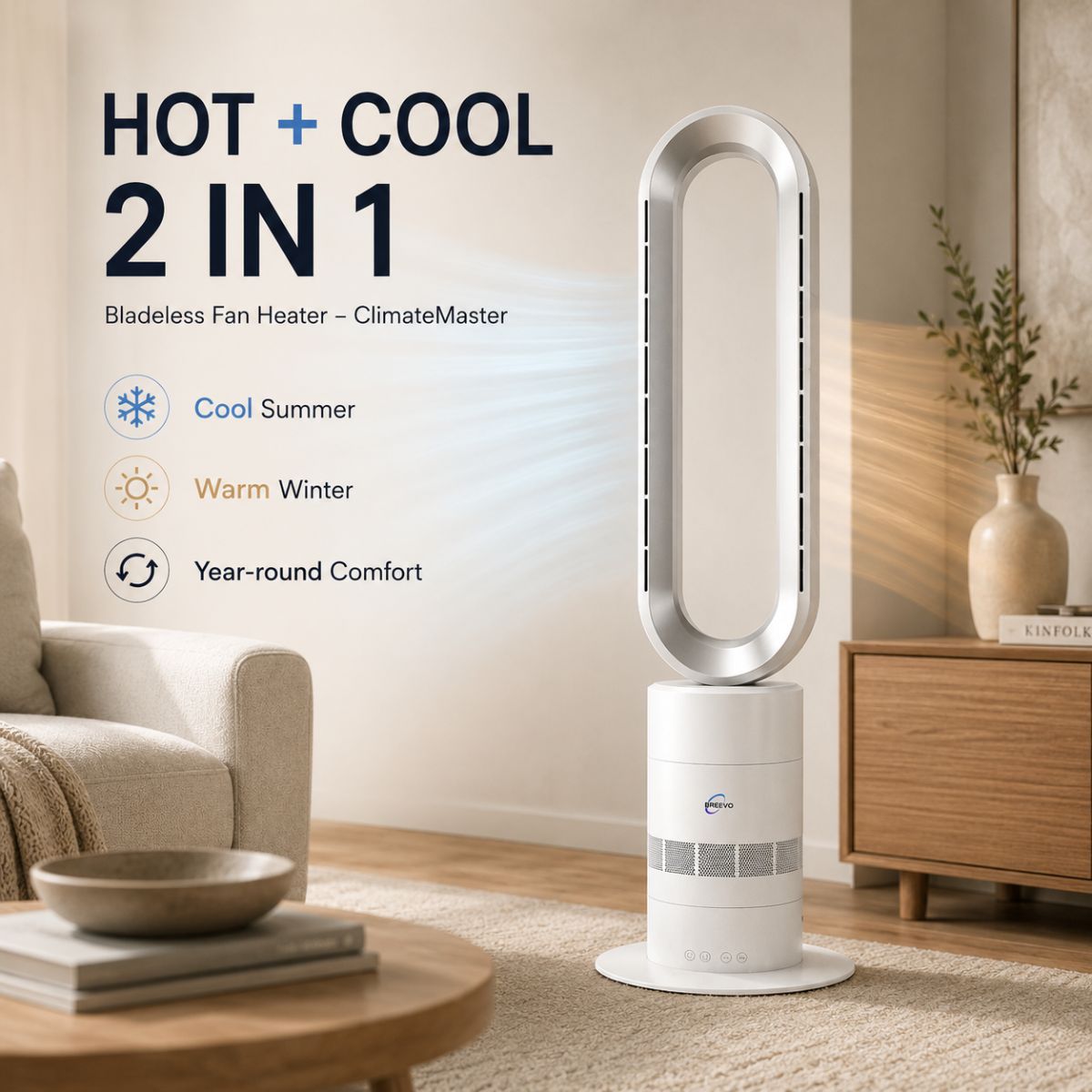 Breevo ClimateMaster White bladeless tower fan heater with thermostat — hot and cool 2-in-1 bladeless fan heater feature graphic