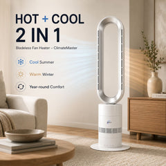 Breevo ClimateMaster White bladeless tower fan heater with thermostat — hot and cool 2-in-1 bladeless fan heater feature graphic