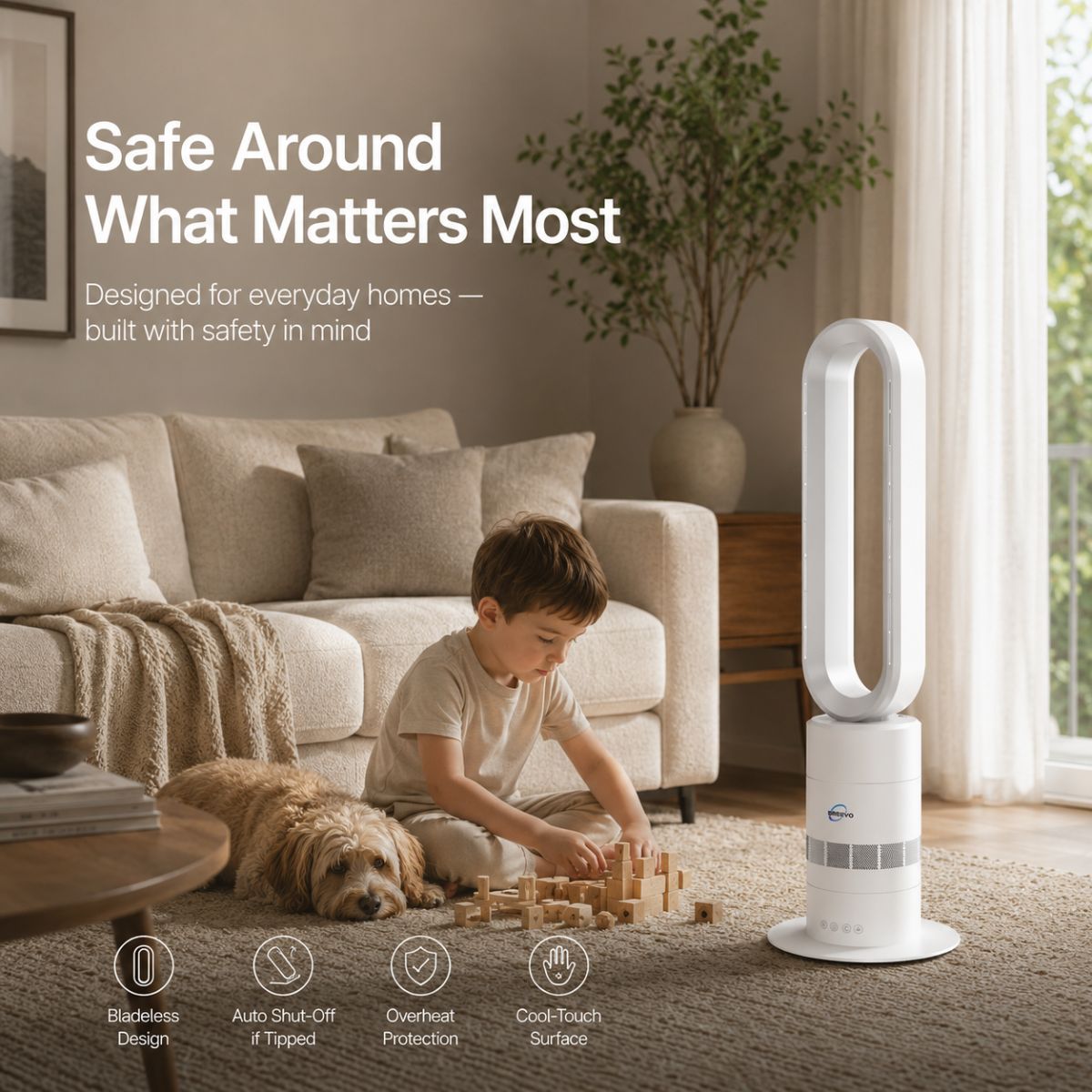 Breevo ClimateMaster White bladeless tower fan heater with thermostat — safe bladeless design with child and pet in the living room
