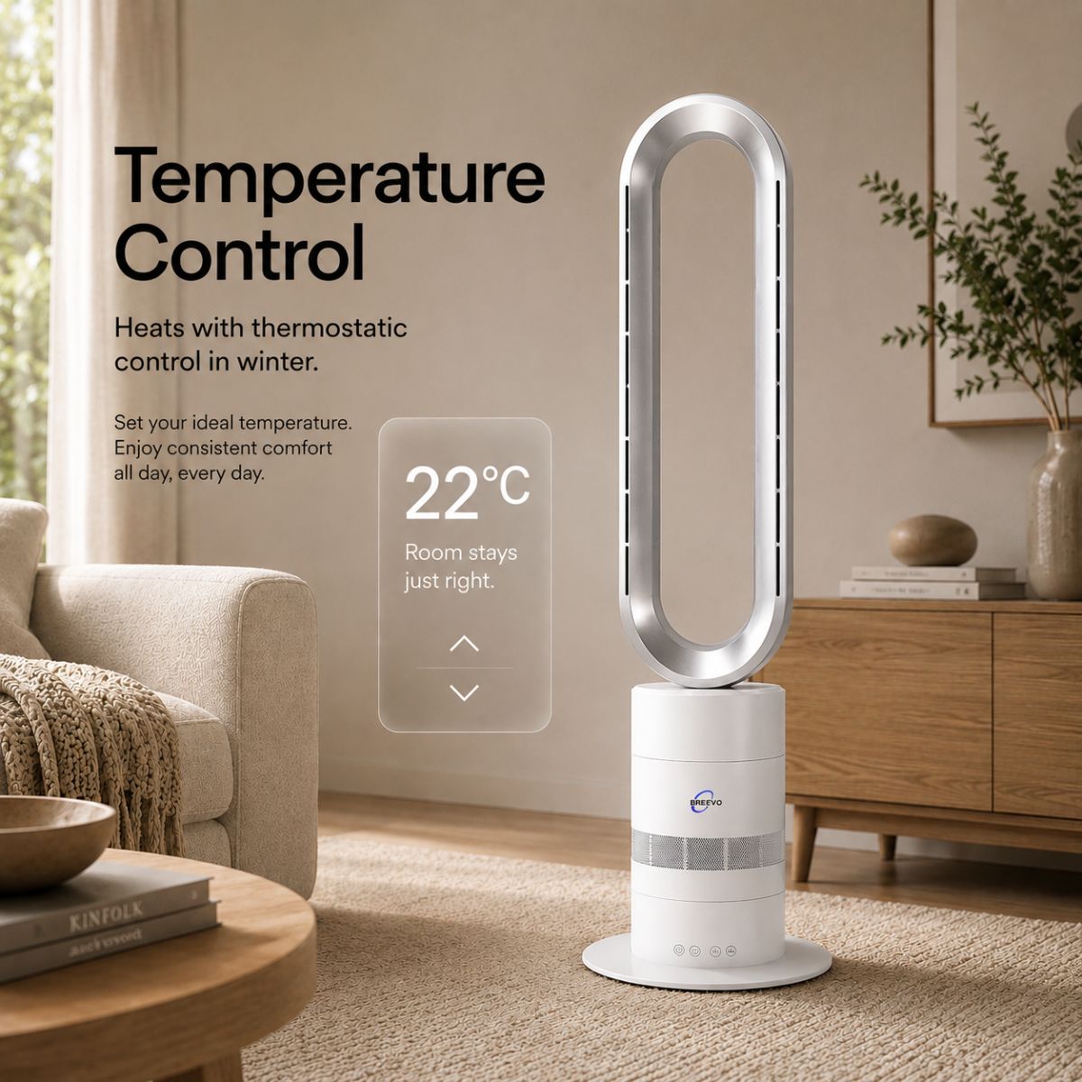 Breevo ClimateMaster White bladeless tower fan heater with thermostat — thermostat temperature control feature showing 22 °C target