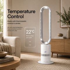 Breevo ClimateMaster White bladeless tower fan heater with thermostat — thermostat temperature control feature showing 22 °C target