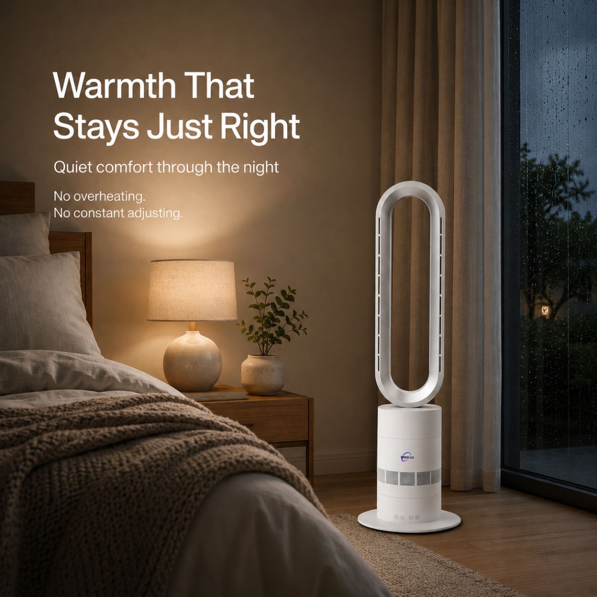 Breevo ClimateMaster White bladeless tower fan heater with thermostat — bedroom warmth that stays just right with thermostat control