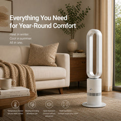 Breevo ClimateMaster White bladeless tower fan heater with thermostat — everything you need for year-round heating and cooling comfort
