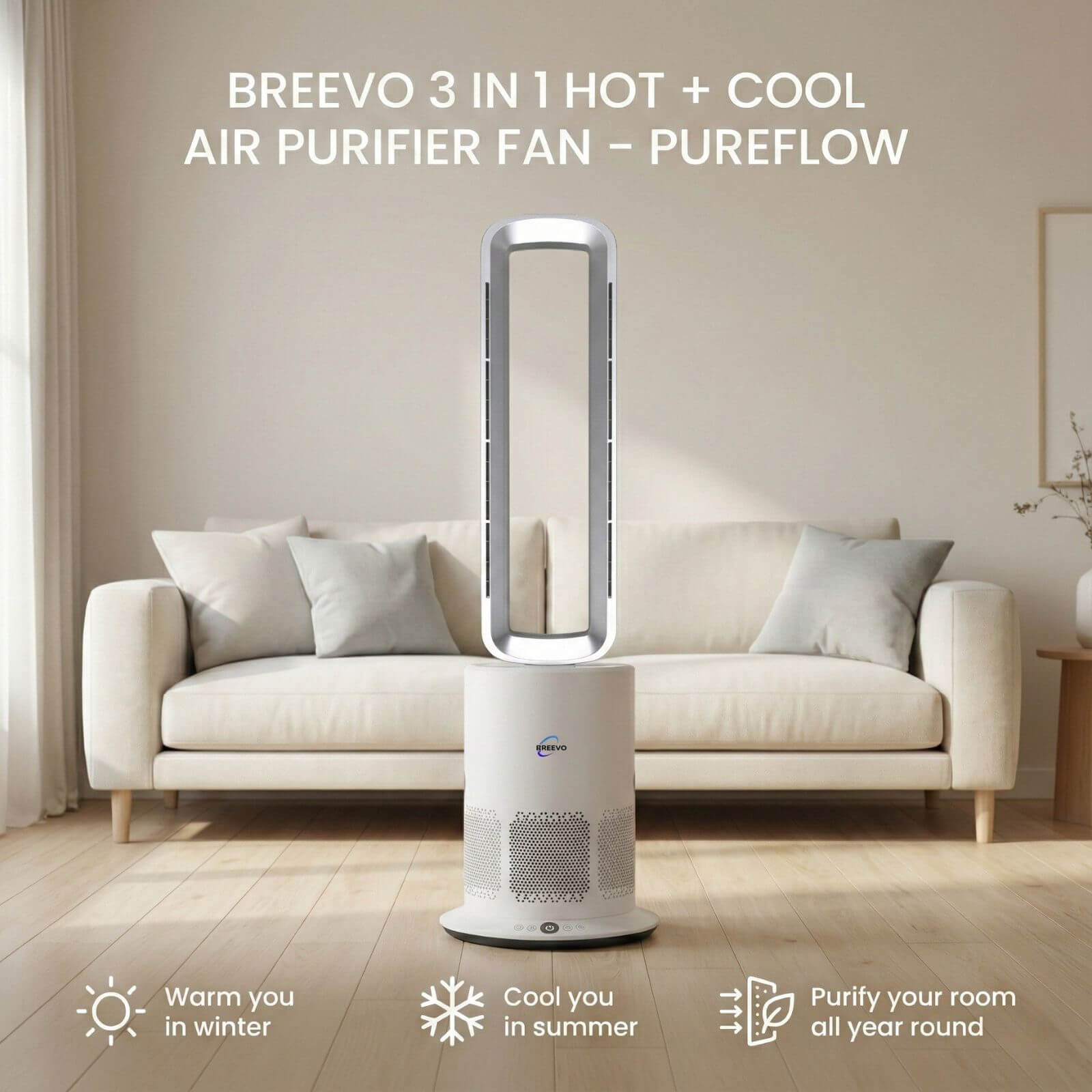 Breevo PureAir 3-in-1 bladeless air purifier fan placed in a modern living room for year-round comfort