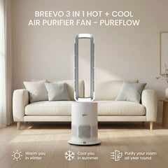 Breevo PureAir 3-in-1 bladeless air purifier fan placed in a modern living room for year-round comfort