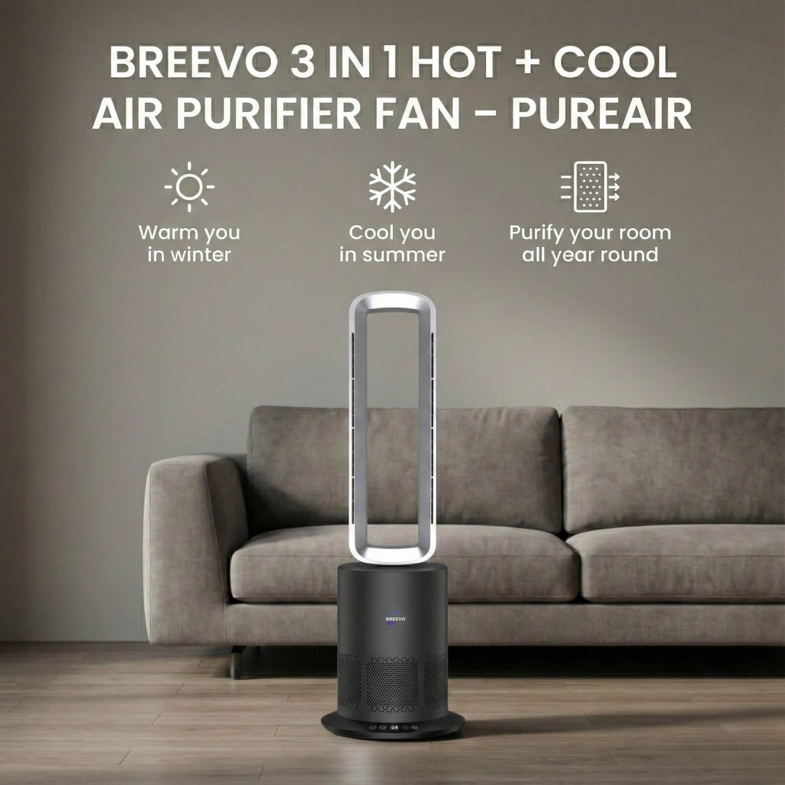 Breevo PureAir 3-in-1 air purifier fan placed in a modern living room, designed to heat in winter, cool in summer, and purify air all year round