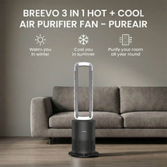 Breevo PureAir 3-in-1 air purifier fan placed in a modern living room, designed to heat in winter, cool in summer, and purify air all year round