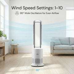 Breevo PureAir bladeless fan with 80 degree wide oscillation for even airflow across the room
