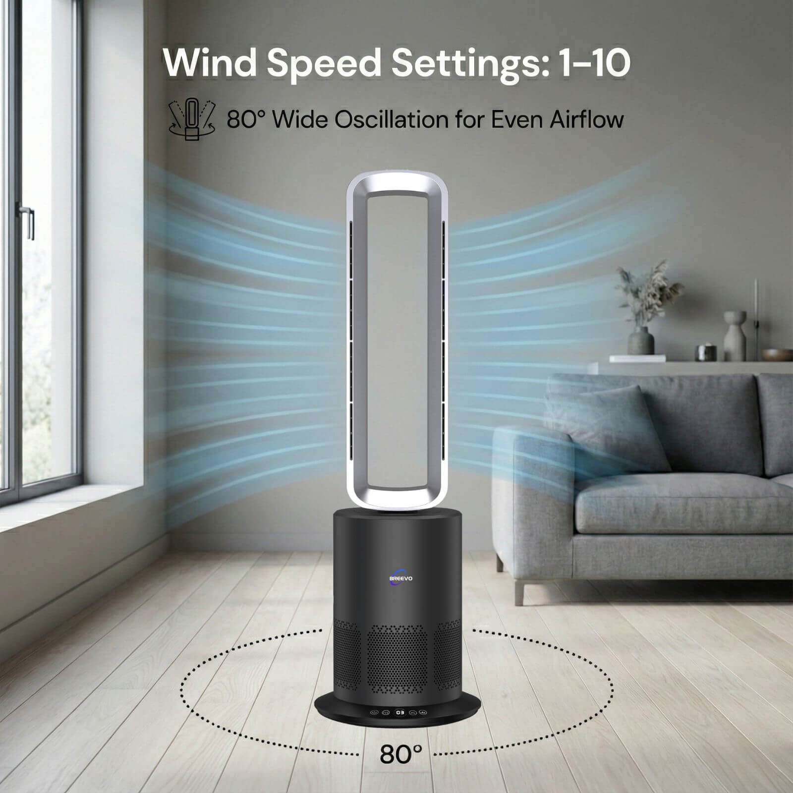 Breevo PureAir bladeless fan demonstrating 80-degree wide angle oscillation and adjustable airflow for even room circulation