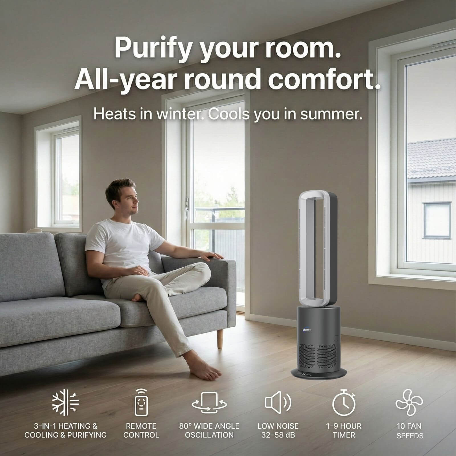 Breevo PureAir bladeless air purifier fan operating quietly in a bright living room while a person relaxes on the sofa