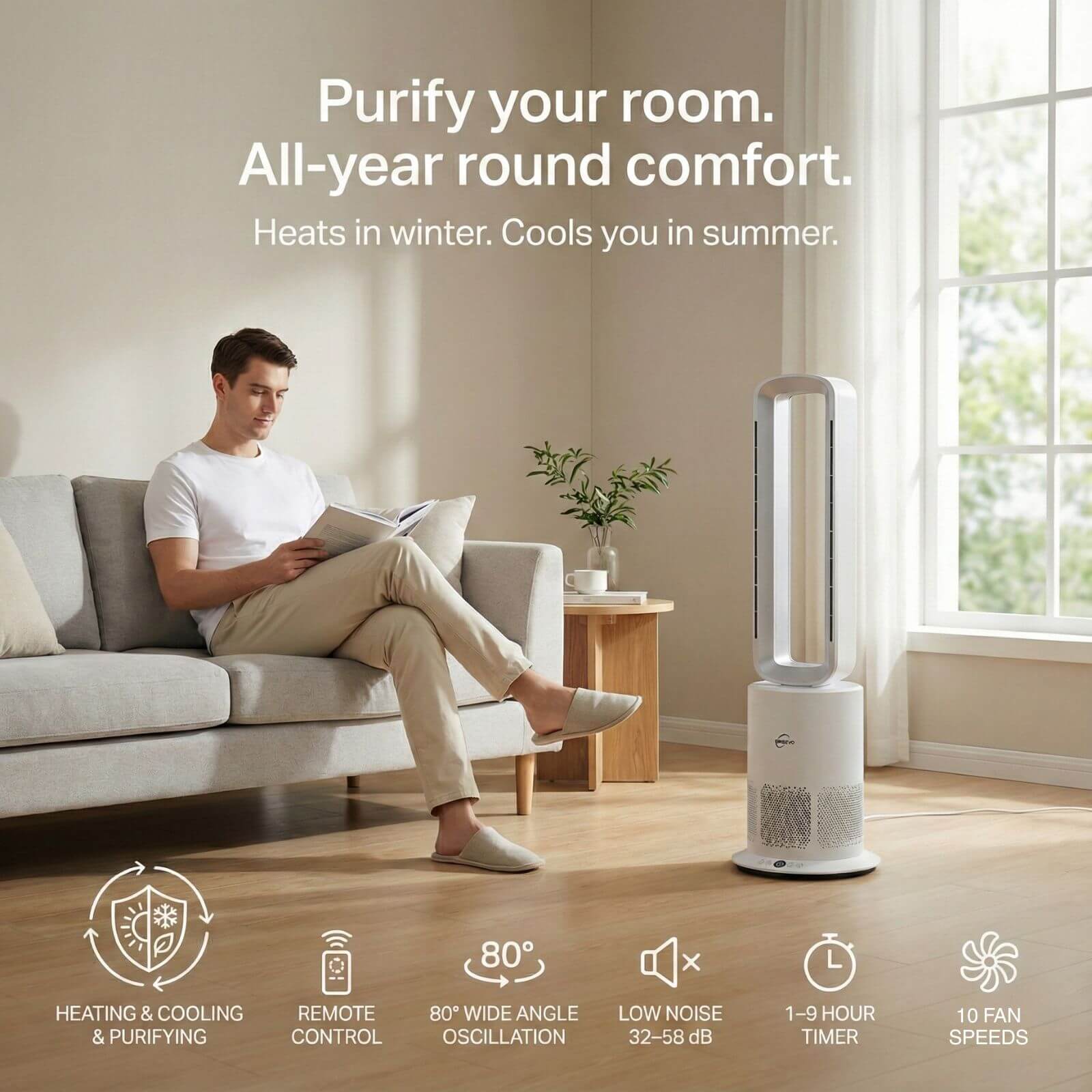 Breevo PureAir bladeless air purifier fan providing heating, cooling and clean air in a bright living room