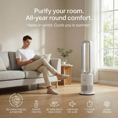 Breevo PureAir bladeless air purifier fan providing heating, cooling and clean air in a bright living room