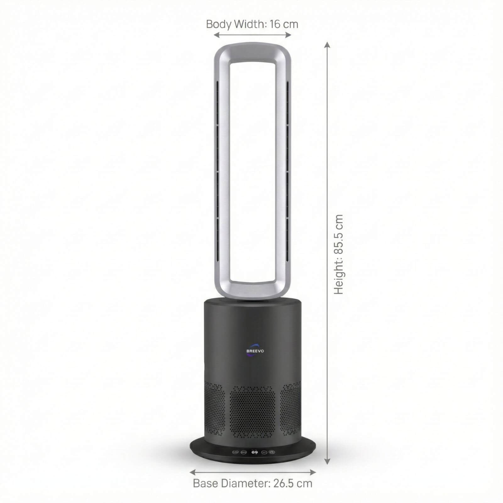 Breevo PureAir bladeless air purifier fan with clearly labeled dimensions, showing height, body width, and base diameter for size reference