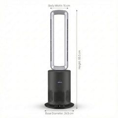 Breevo PureAir bladeless air purifier fan with clearly labeled dimensions, showing height, body width, and base diameter for size reference