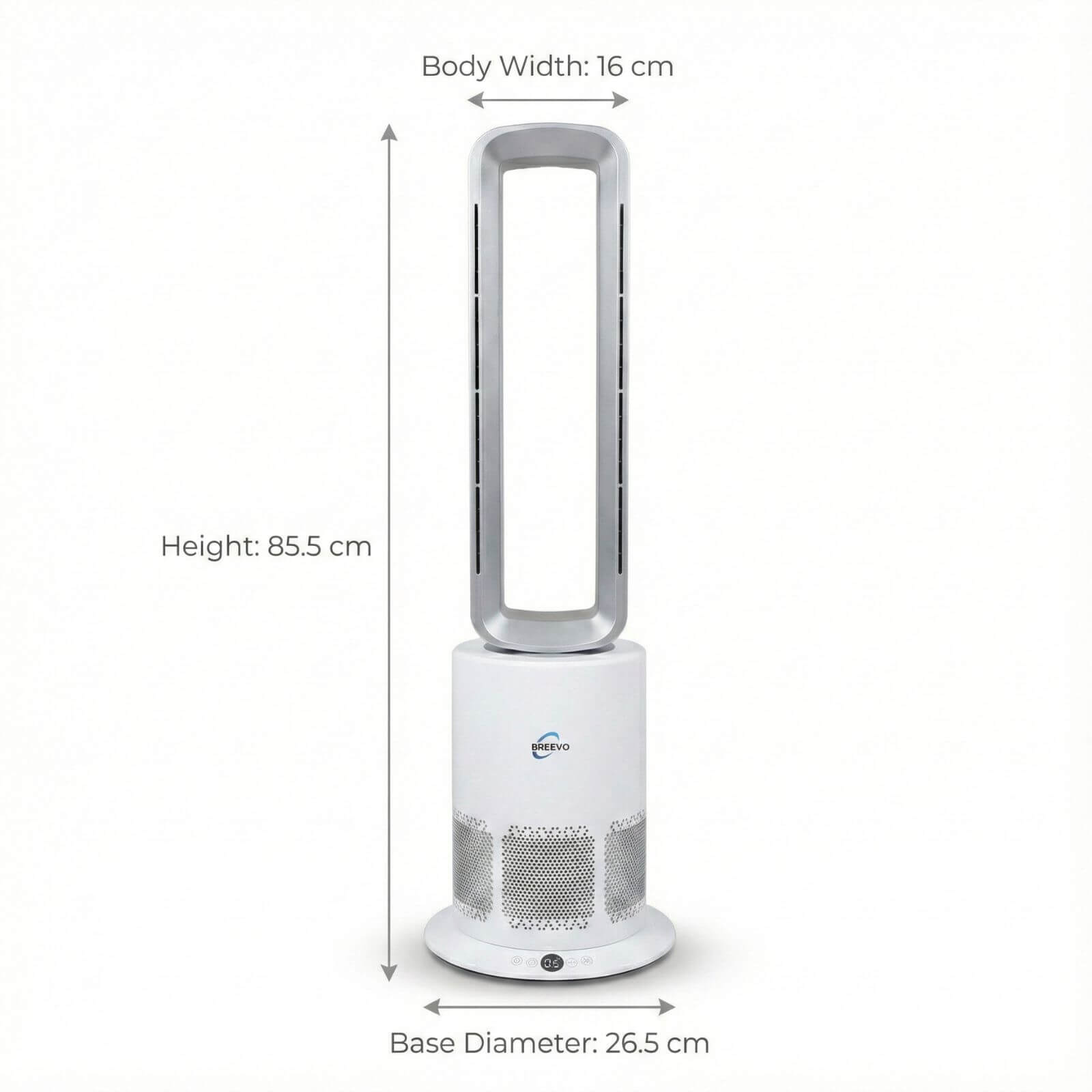 Breevo PureAir bladeless air purifier fan heater dimensions showing 85.5 cm height, 16 cm body width, and 26.5 cm base diameter