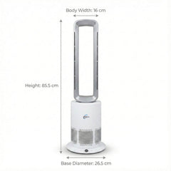 Breevo PureAir bladeless air purifier fan heater dimensions showing 85.5 cm height, 16 cm body width, and 26.5 cm base diameter