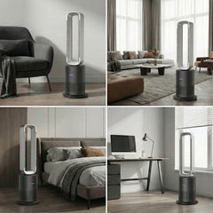 Breevo PureAir bladeless air purifier fan shown in multiple home environments including living room, bedroom, and home office, blending seamlessly into modern interiors