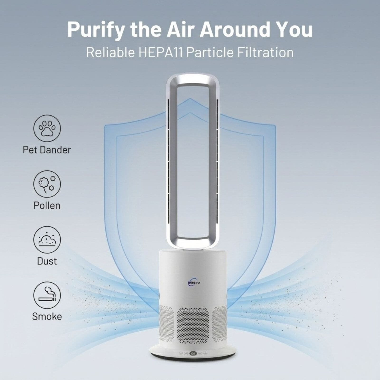 HEPA11 filtration system of the Breevo PureAir air purifier fan capturing dust, pollen, pet dander and smoke
