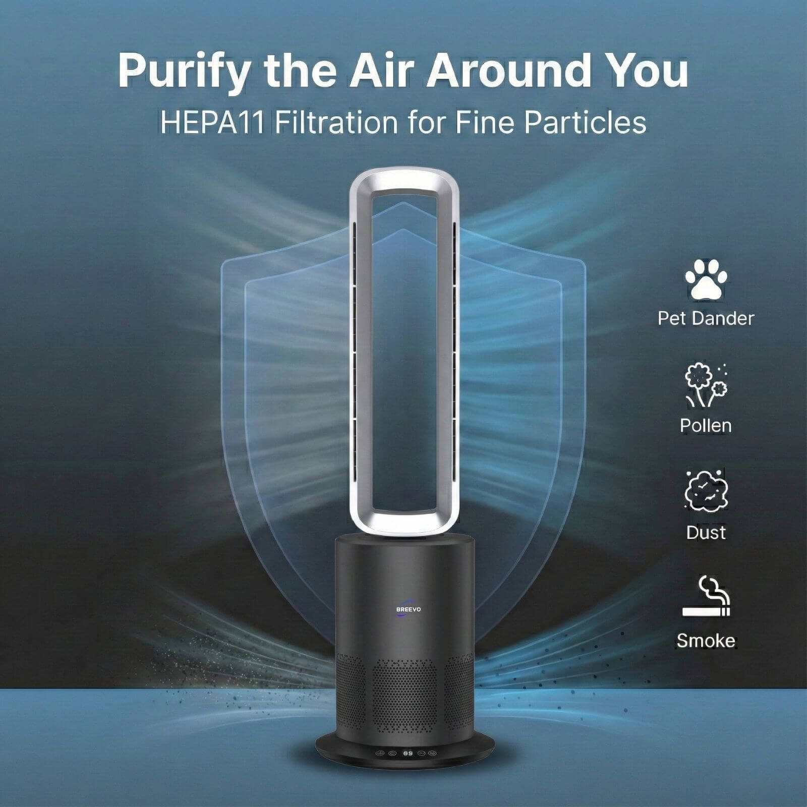 Breevo PureAir air purifier fan illustrating HEPA11 filtration for capturing fine particles such as dust, pollen, pet dander, and smoke