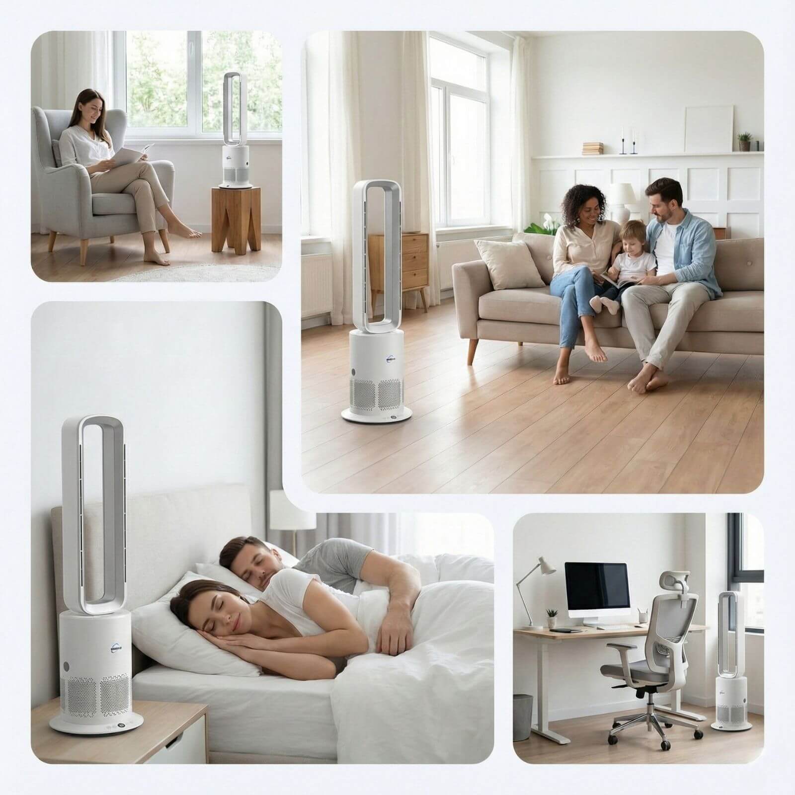 Breevo PureAir bladeless air purifier fan used across living room, bedroom and home office environments