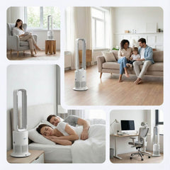 Breevo PureAir bladeless air purifier fan used across living room, bedroom and home office environments