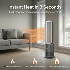 Breevo PureAir fan heater showing fast heating airflow designed to provide warmth within seconds in a modern living room