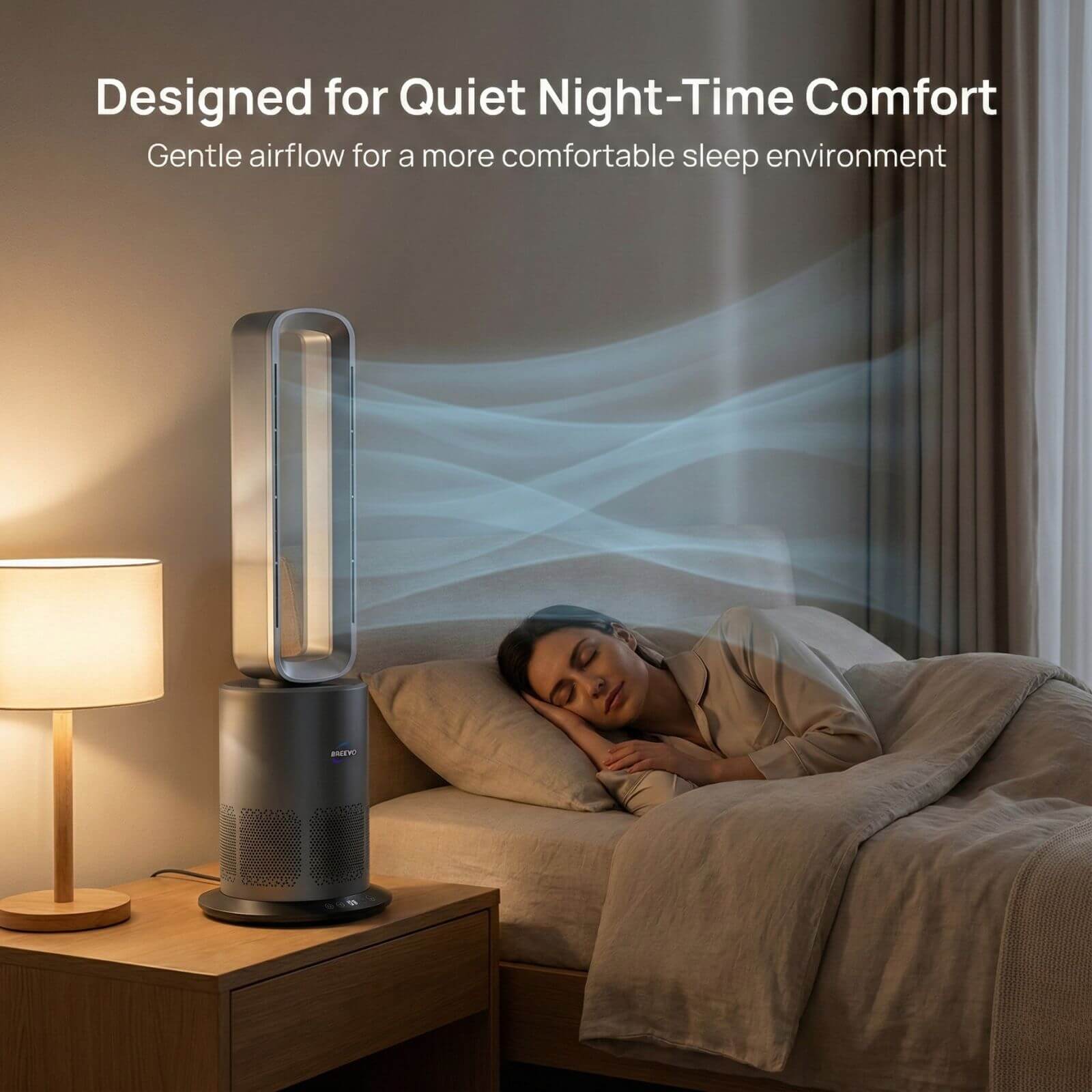 Breevo PureAir air purifier fan providing gentle, quiet airflow in a bedroom to support a comfortable night-time sleep environment