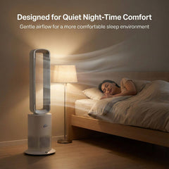 Breevo PureAir bladeless fan beside the bed providing quiet airflow for comfortable night-time sleep