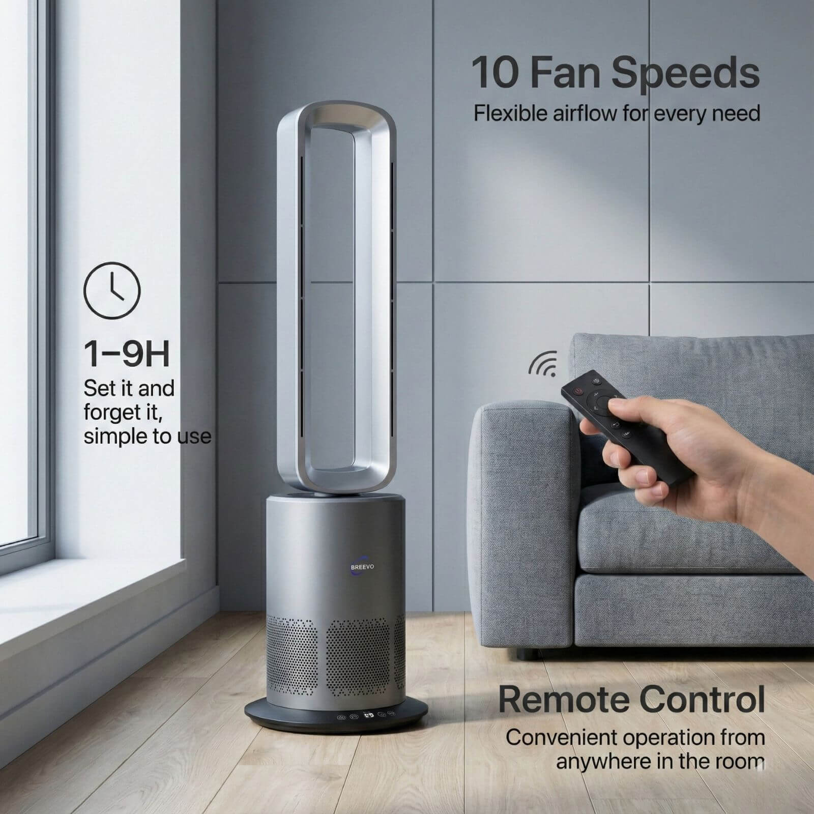 Remote control operation of the Breevo PureAir air purifier fan, allowing easy adjustment of fan speeds and settings