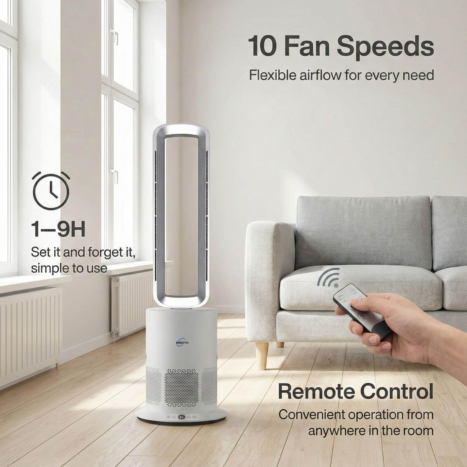 Remote control operation of the Breevo PureAir bladeless air purifier fan with timer function